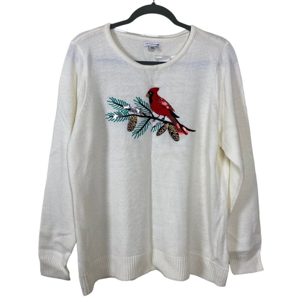 NWT Croft and Barrow Sweater Cardinal Bird Embroidered Sequin Women XXL Ivory
